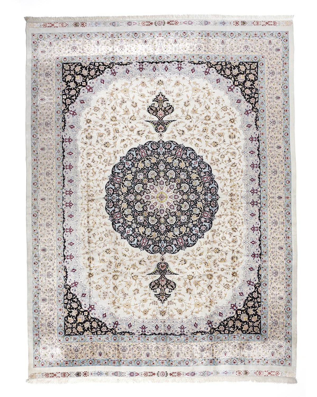 Yalda Persian silk carpet 300 x 400 cm in ivory and navy, full overhead view - Tabeer Homes Dubai