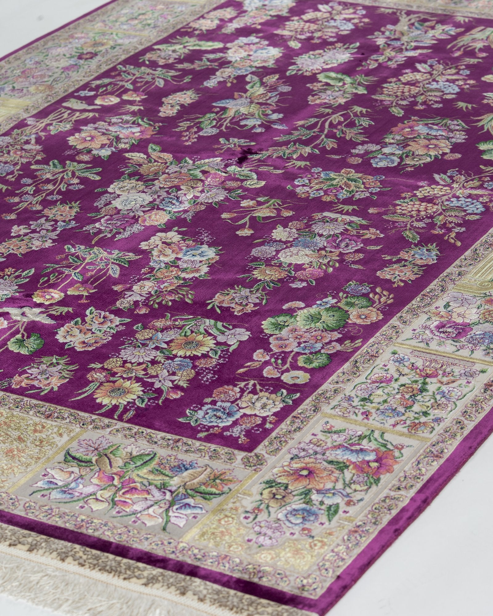 Yasmin Persian silk and wool carpet design detail, purple 225x150 cm - Tabeer Homes Dubai