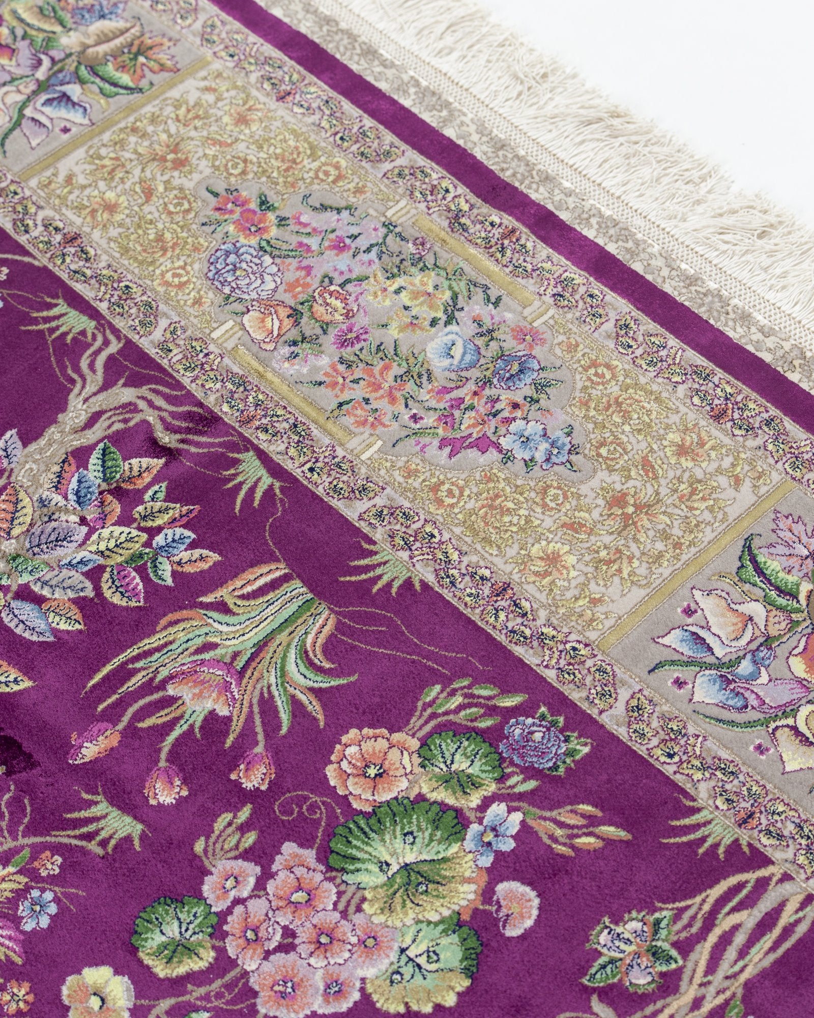 Yasmin Persian silk and wool carpet full angled view, purple 225x150 cm - Tabeer Homes Dubai