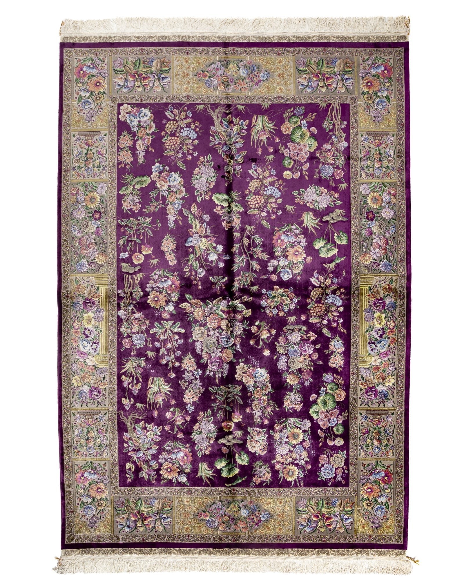 Yasmin Persian silk and wool carpet 225x150 cm in purple, full overhead view - Tabeer Homes Dubai