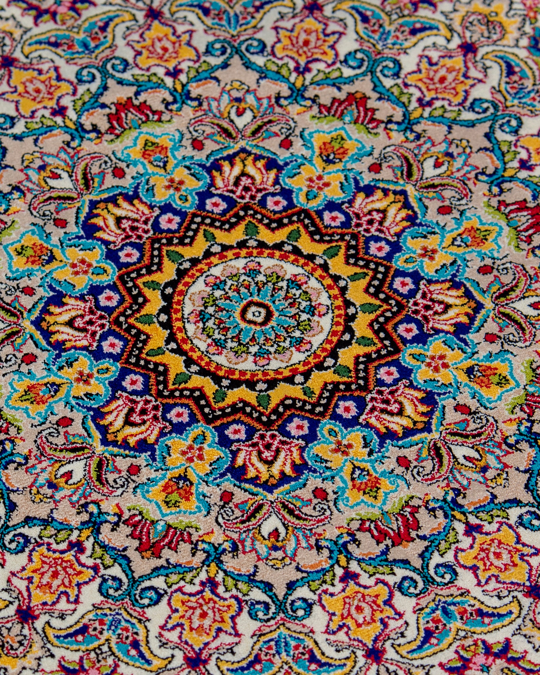 Multicolour floral field detail of the Yasmin ivory silk rug