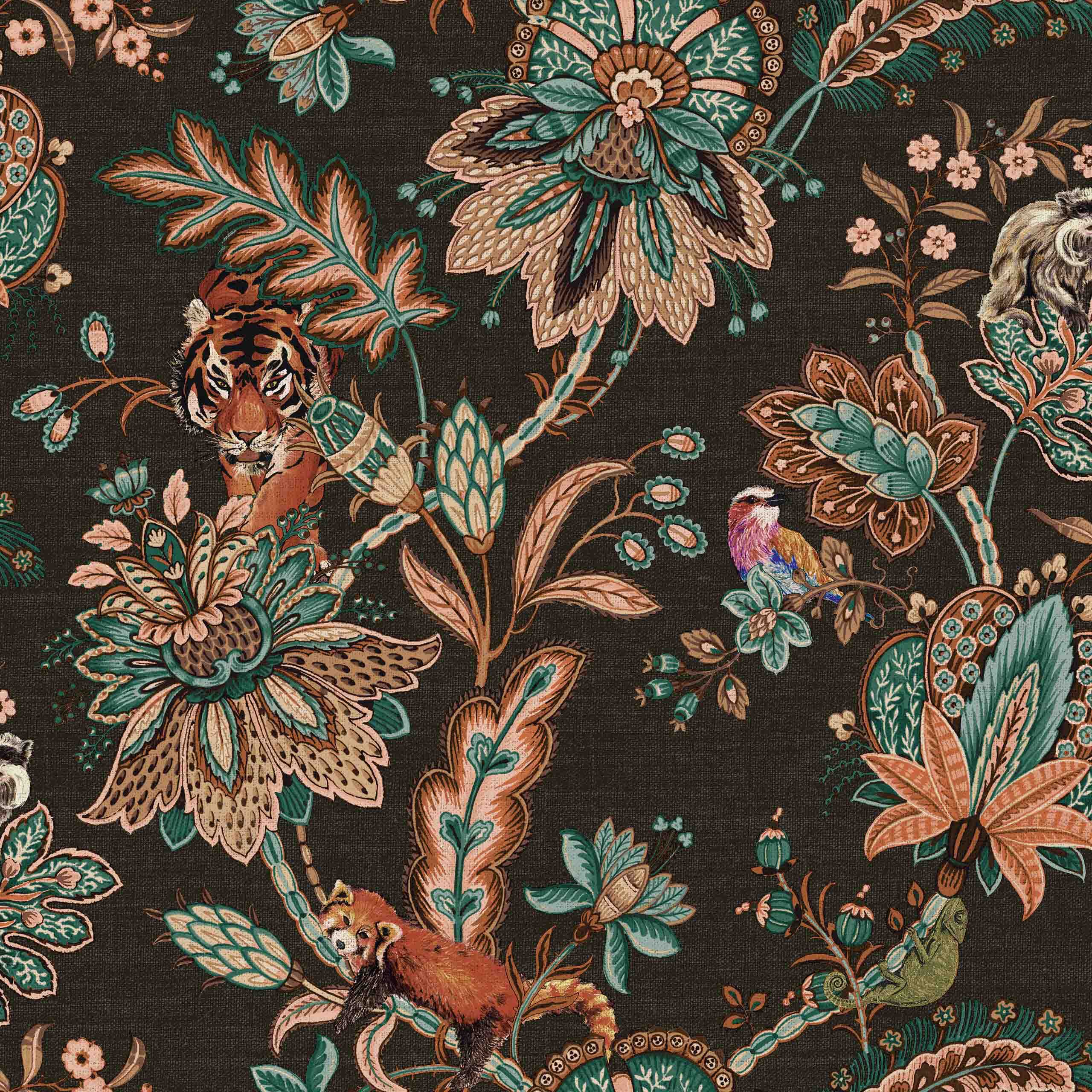 Zari non-woven wallpaper featuring intricate floral, bird, and animal patterns in orange, black, pink, and blue hues.