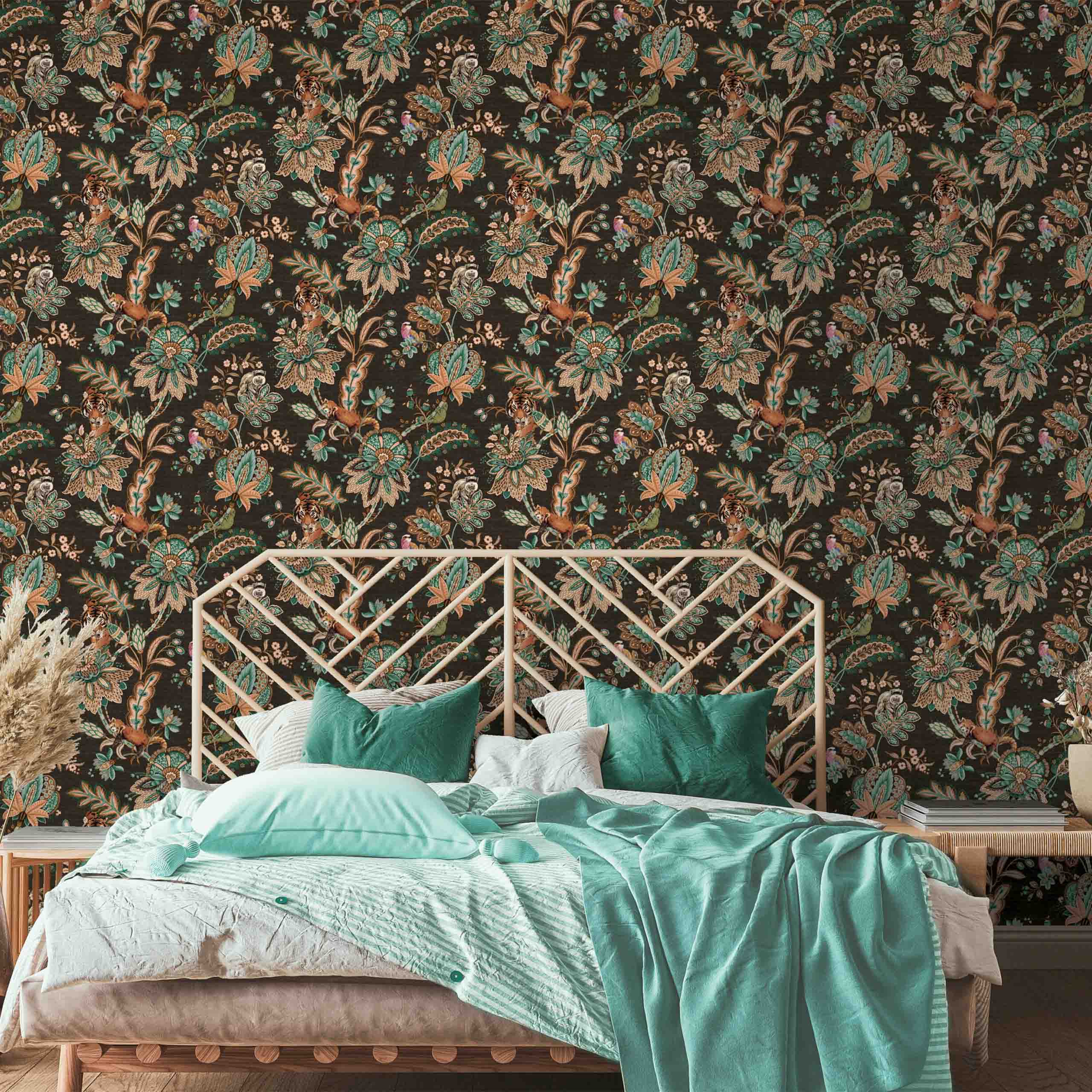 Zari non-woven wallpaper displayed in a stylish bedroom setting, with vibrant botanical and animal designs in elegant hues.