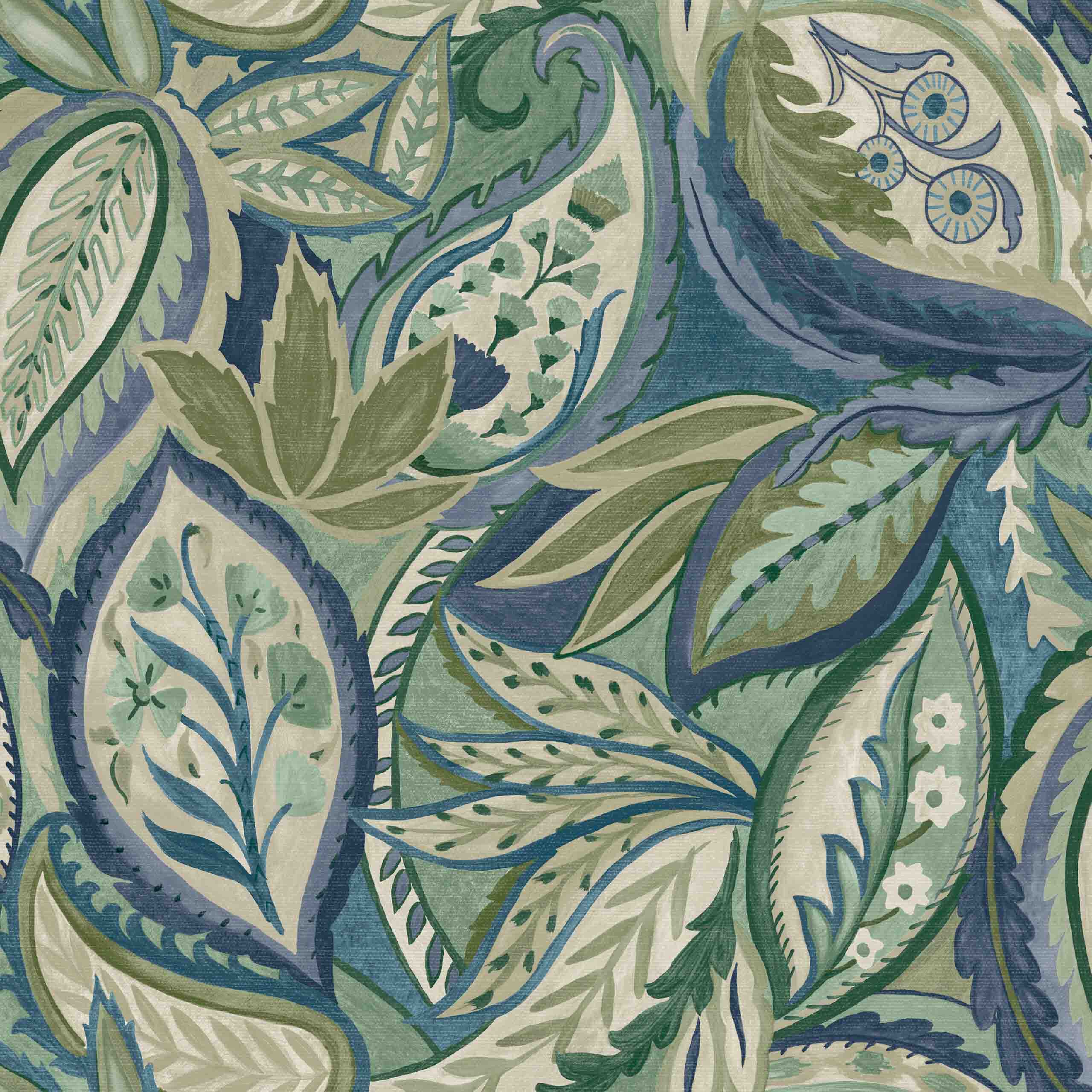 Close-up of Zephyra floral non-woven wallpaper with vibrant blue, green, and yellow hues, showcasing elegant botanical patterns. 