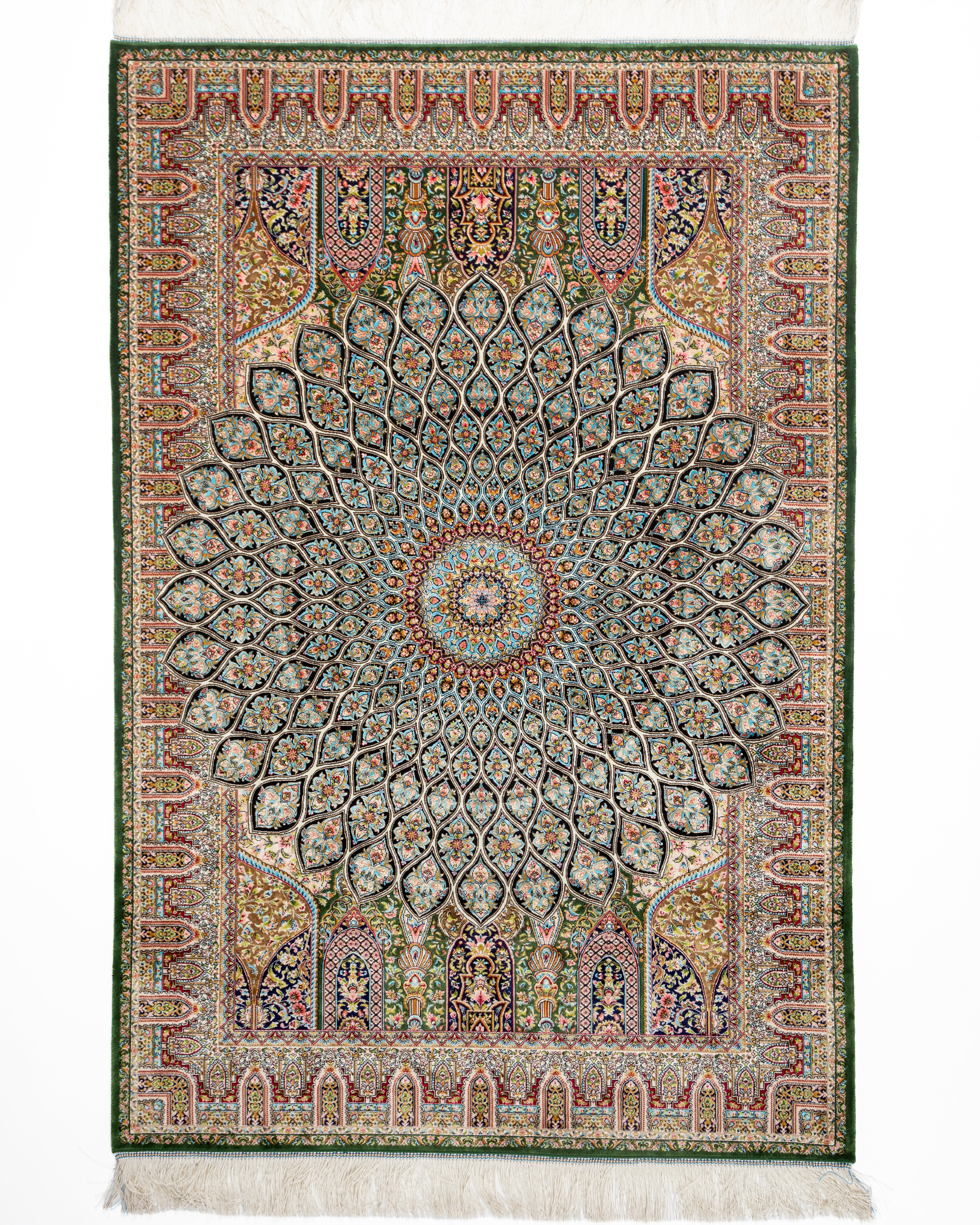 Zumurrud green silk rug with a Persian dome medallion, full view