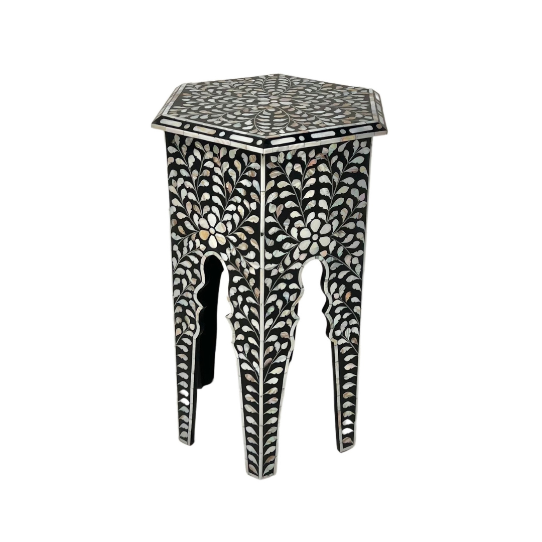 Yasmine Side Table - Black & White Mother of Pearl Inlay - Tabeer Homes