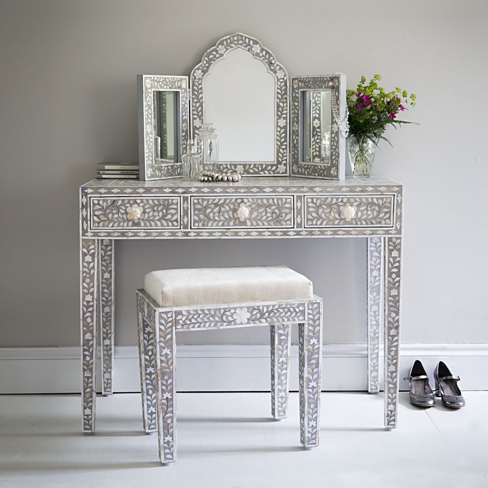 Iris Dresser Console & Stool - Grey Mother of Pearl