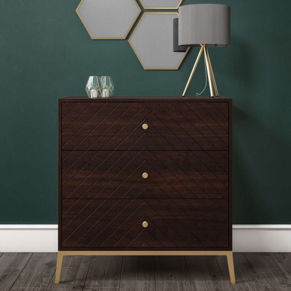 Wooden chest of drawers featuring chevron pattern in brown with brass accents, handcrafted furniture piece