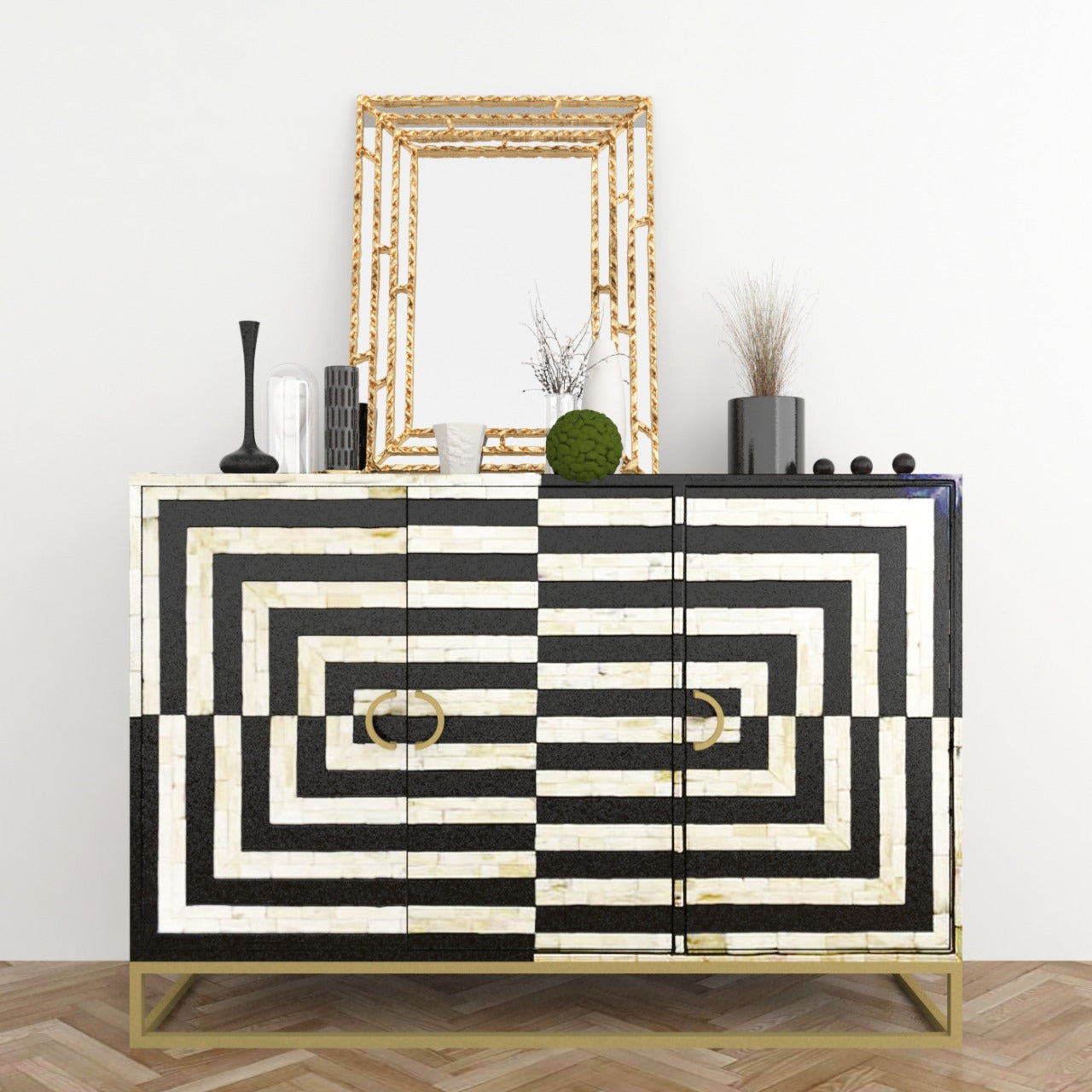 Zuri Cabinet - Black & White Bone Inlay - Tabeer Homes